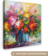 Canvas Schilderij Bloemen - Kleurrijk - Bloempot - Olieverf - 90x90 cm - Wanddecoratie