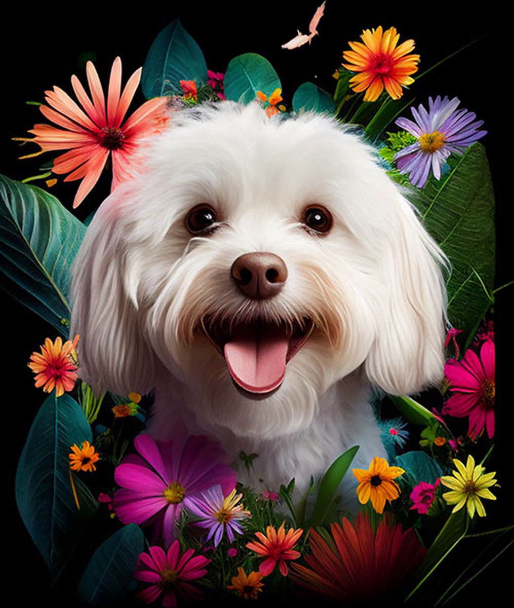 AI - Woondecoratie - Poster - Dieren - Hond - Bloemen en jungle - 34 - 40 x 50 cm