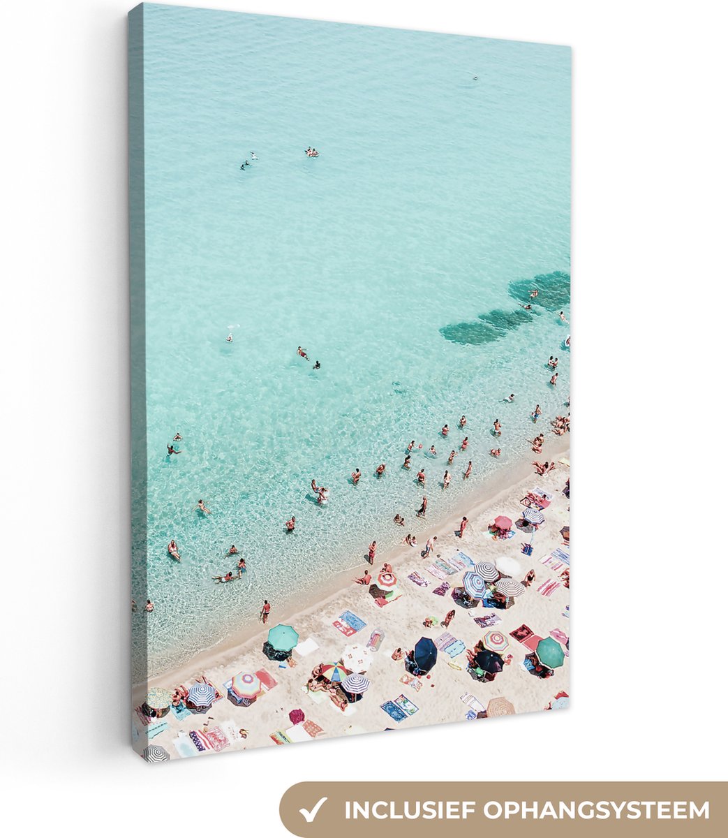 Canvas schilderij 60x90 cm - Wanddecoratie Zee - Strand - Parasols - Blauw - Zomer - Muurd
