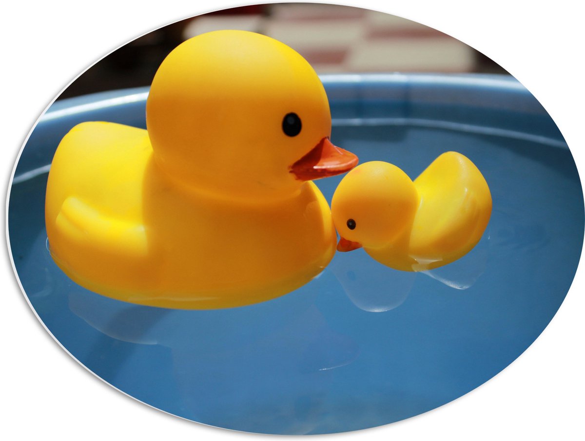 PVC Schuimplaat Ovaal - Moeder en Baby Badeenden in het Water - 68x51 cm Foto op Ovaal (Met Ophangsysteem)