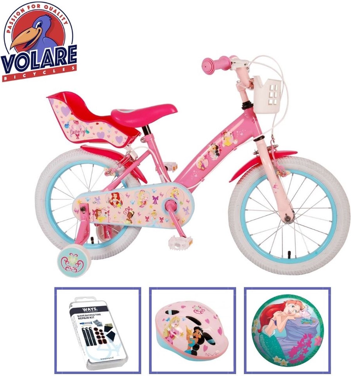 Volare Kinderfiets Disney Princess - 16 inch - Roze - Twee handremmen - Met fietshelm en accessoires