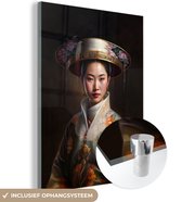 Glasschilderij vrouw - Kimono - Bloemen - Hoed - Asian - Glazen plaat - Woonkamer decoratie - Muurdecoratie glas - Foto op glas - 60x80 cm - Glazen schilderij