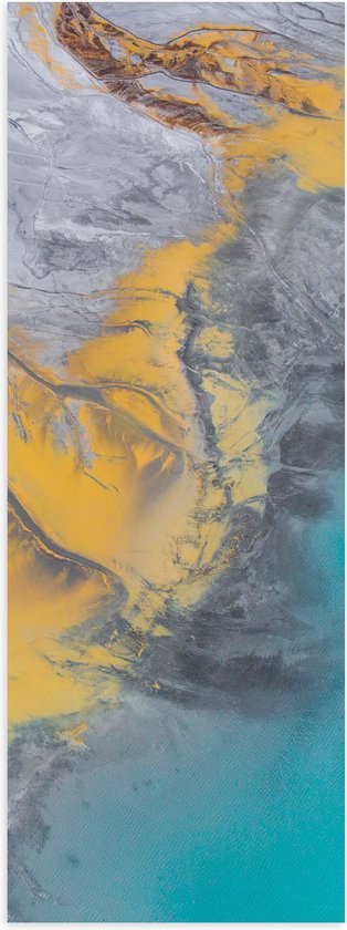 Poster Glanzend – Abstract Bruin, Geel en Blauwe Vlekken - 20x60 cm Foto op Posterpapier met Glanzende Afwerking