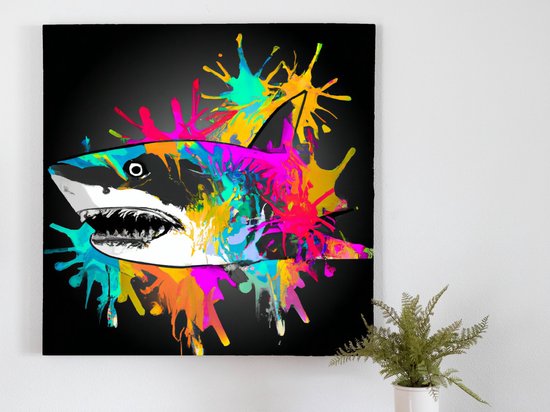Haai color splash | Haai color splash | Kunst - 40x40 centimeter op Canvas | Foto op Canvas - wanddecoratie schilderij