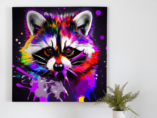 Rainbow Splattered Raccoon kunst - 100x100 centimeter op Canvas | Foto op Canvas - wanddecoratie