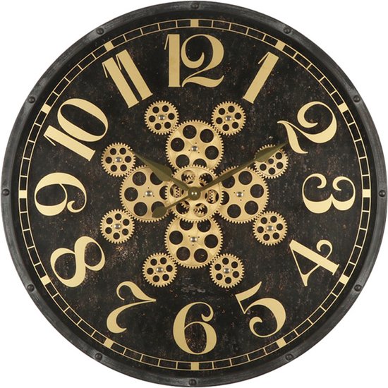 HAES DECO - Grande Horloge Murale 60 cm Or Zwart - Horloge Radar à Engrenages Tournants - Klok en Métal et Bois - Cadran à Chiffres - Horloge Murale Ronde Horloge à Suspendre Horloge de Cuisine