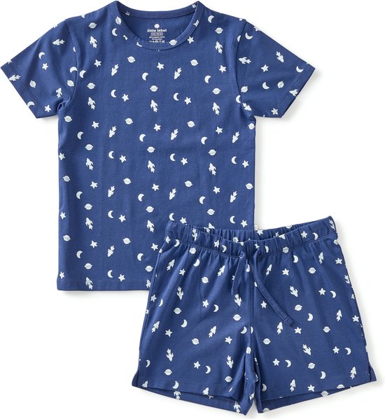 Little Label - zomer pyjama jongens 92 - blauw ruimte raket - maat: 92 - bio-katoen