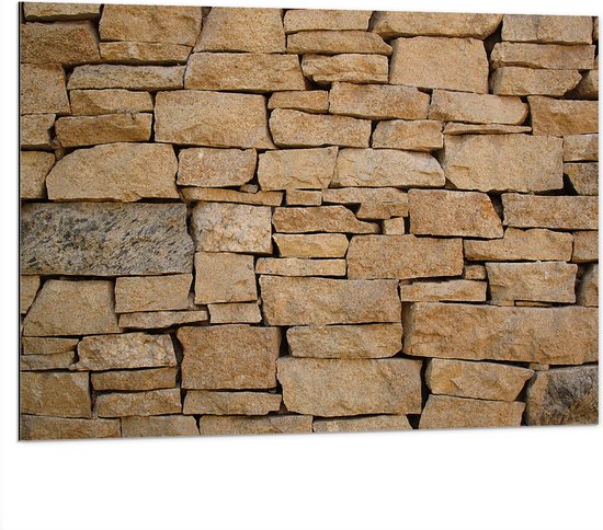 Dibond - Muur van Opgestapelde Beige Stenen - 100x75 cm Foto op Aluminium (Met Ophangsysteem)