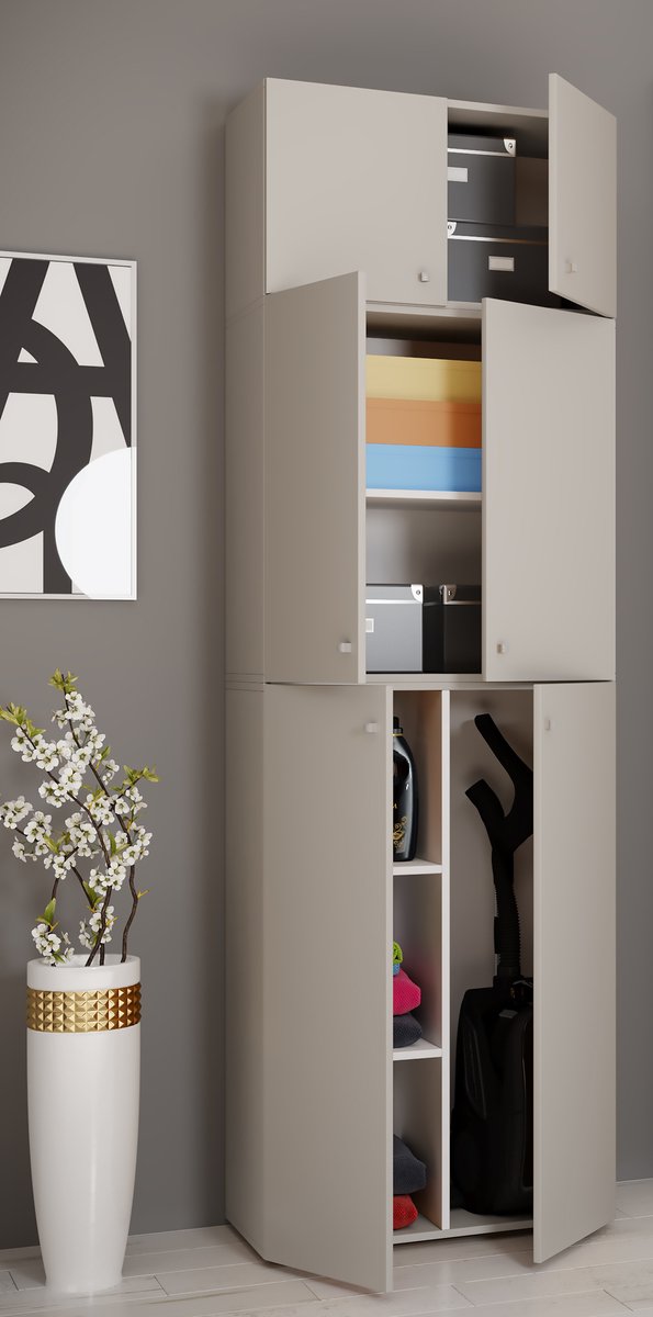 Dbellanov Buitenkast, Bezemkast, 3-deurs Buitenkast, 100% Made In Italy, 102x37h169 Cm Lichtgrijs En Zwart Gestreepte Afwerking