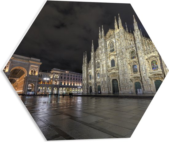WallClassics - PVC Schuimplaat Hexagon - Santa Maria del Fiore Kathedraal op Piazza Del Duomo Plein in Florence, Italië - 50x43.5 cm Foto op Hexagon (Met Ophangsysteem)