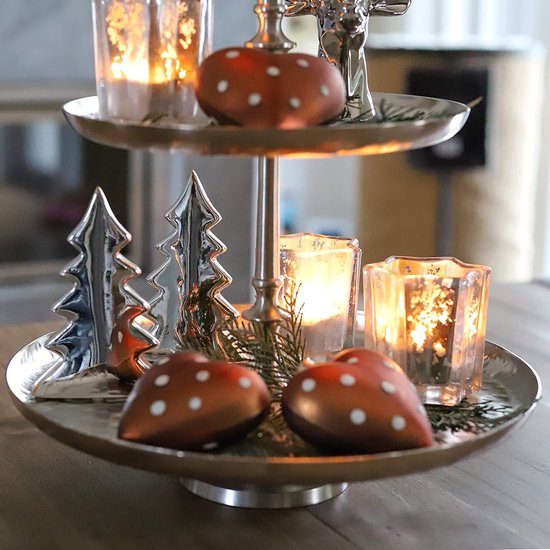 Brandsseller Etagère 3-stöckig aus Aluminium 70 cm hoch – Dekorative Servieretagère mit Knauf – Vintage-Stil – Metallständer für Kuchen, Obst, Deko – Silberfarben