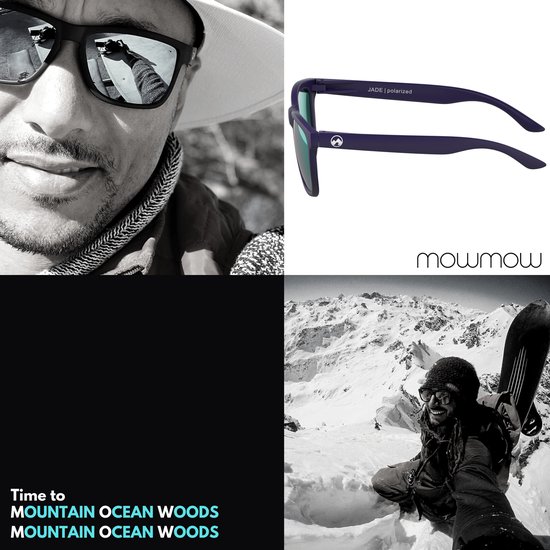 Collage van vier afbeeldingen: een man met zonnebril en hoed, een close-up van de pootjes van een paarse zonnebril, een man met snowboard in de sneeuw en een persoon op het strand.