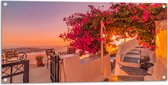 Tuinposter – Zonnestralen op Balkon Vol Bloemen in Griekenland - 100x50 cm Foto op Tuinposter (wanddecoratie voor buiten en binnen)