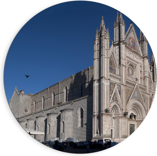 Dibond Muurcirkel - Zijaanzicht van Vogel boven Kathedraal van Orvieto onder Blauwe Lucht in Italië - 90x90 cm Foto op Aluminium Muurcirkel (met ophangsysteem)