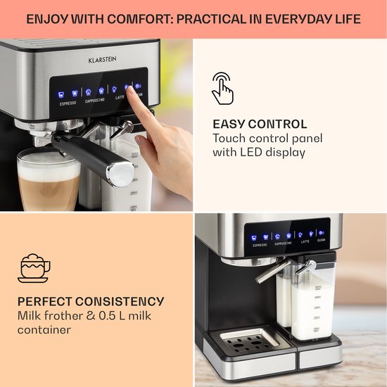 Klarstein Koffiemachine Espresso Pistonmachine met Melkopschuimer, 1,8 L Mini Espressomachine met Piston, 20 Bar RVS Compact, Melkreservoir, 1350 W Koffiemachine voor Gemalen Koffie - Stoompijpje Touch LED - Coffee Machine