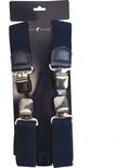 Donkerblauwe bretels met vier zilverkleurige clips.