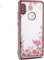 DrPhone Flower Bloemen Case Diamant Crystal TPU Hoesje - Geschikt voor P Smart 2019 / Honor 10 Lite - Rose Goud
