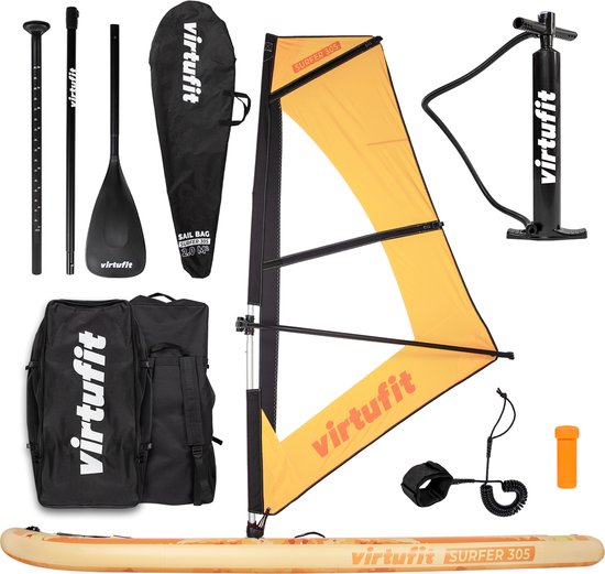 Virtufit Supboard Surfer 305 - Oranje - Stand Up Paddle Board - Supboard Opblaasbaar - Inclusief windzeil, draagtas en accessoires - Voor beginners en gevorderden - Met GoPro mount - Verstelbare peddel - Max. 180 kg