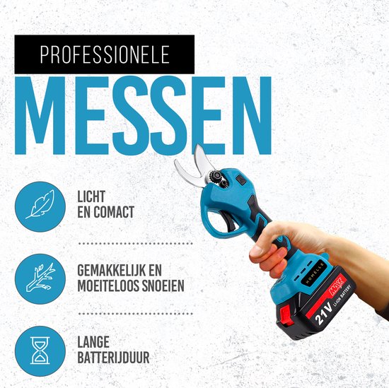 Blauwe elektrische snoeischaar met zwarte grip, vastgehouden door een hand. "Professionele messen" staat boven de schaar.