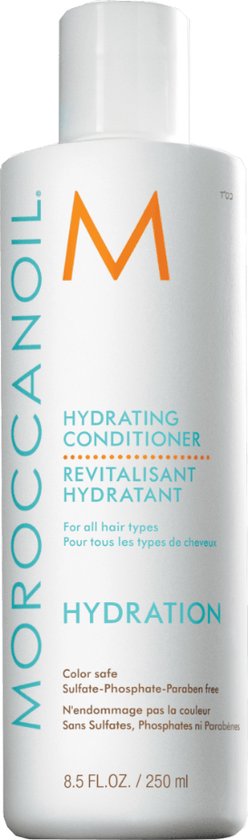 Witte Moroccanoil Hydrating Conditioner fles met oranje M-logo. Tekst in Engels, Frans.