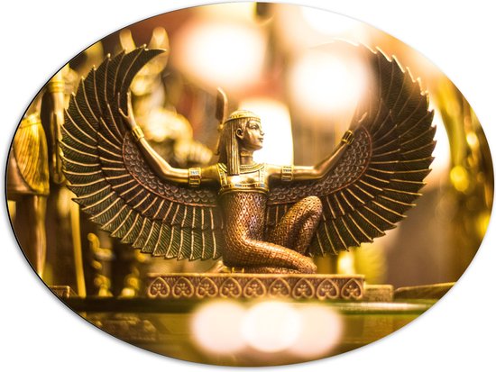 Dibond Ovaal - Gouden Egyptisch Isis Beeldje - 80x60 cm Foto op Ovaal (Met Ophangsysteem)