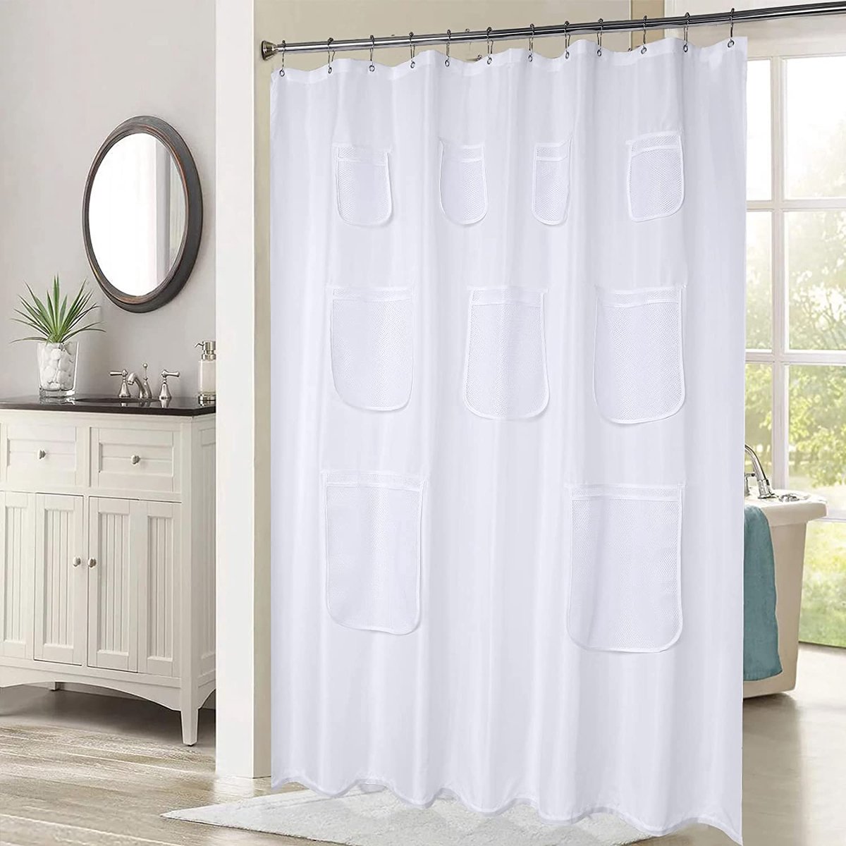 Waterafstotend stoffen douchegordijn of inzetstuk met 9 praktische