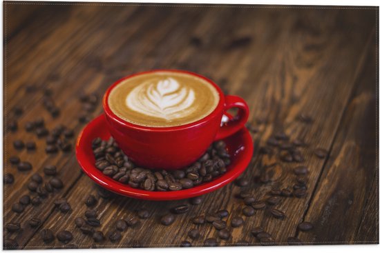 Vlag - Rood Kopje met Koffie Omringd door Koffiebonen - 60x40 cm Foto op Polyester Vlag