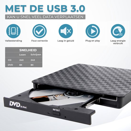 Externe draagbare DVD/CD Speler – voor Laptop en PC – Macbook en Windows - USB3.0 - KOFZ