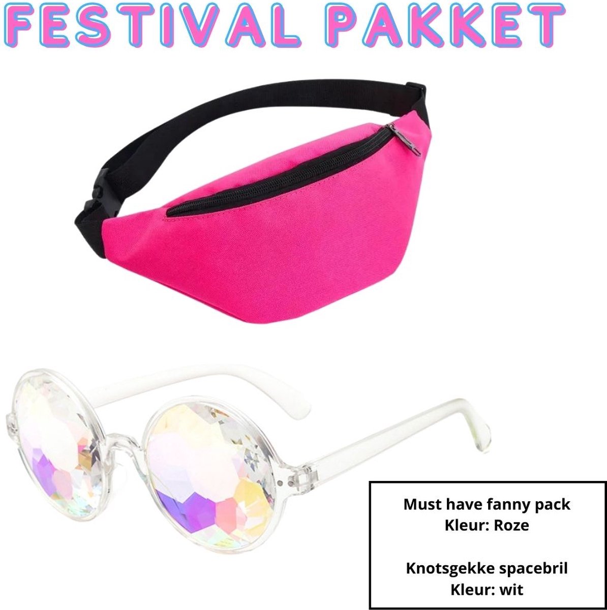 Heuptas / festival fanny pack (roze) 30x14x8 - Festival bril/spacebril (transparant)