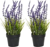 Everlands Lavendel kunstplant in pot - 2x - violet paars - D15 x H30 cm