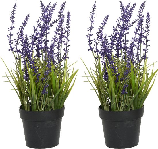 Everlands Lavendel - 2x stuks - kunstplant in pot - violet paars - D15 x H30 cm