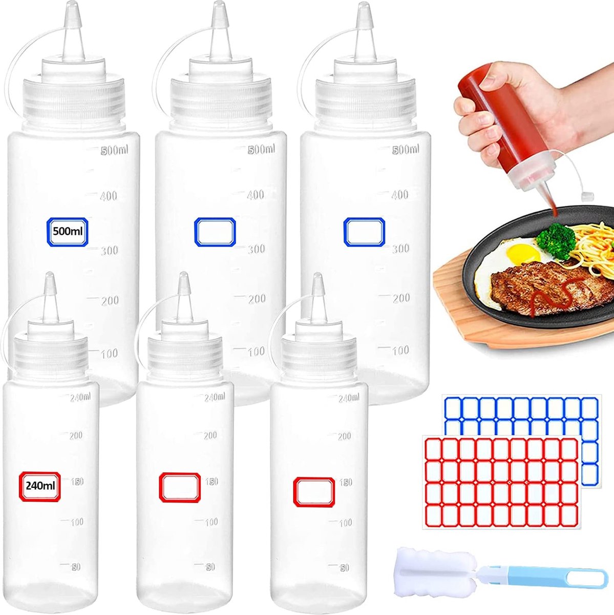 Sausfles Kruiderij Knijpflessen Plastic Sausfles 240ml/500ml 6st Knijpfles met Dop BPA-vrij voor Mosterd Olijfolie Ketchup Mayo