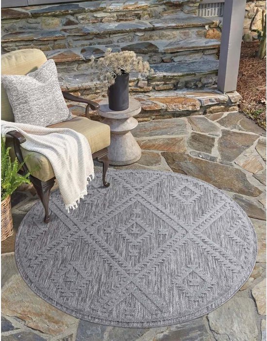 Flycarpets Caprenia Buitenkleed Geruit Indoor & Outdoor Vloerkleed - Donkergrijs - 160x160 cm