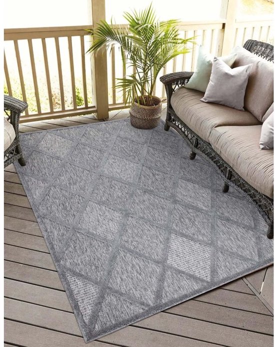 Flycarpets Caprenia Buitenkleed Geruit Indoor & Outdoor Vloerkleed - Donkergrijs - 240x340 cm