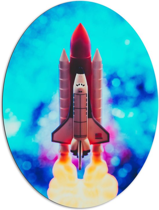 Dibond Ovaal - Speelgoed Raket met Start Rook - 81x108 cm Foto op Ovaal (Met Ophangsysteem)