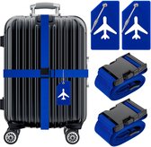 YONO Kofferriem met Kofferlabel - 2 Kofferband en 2 Bagagelabel - Dubbele Bagage Riem Verstelbaar - 4 Pack - Blauw