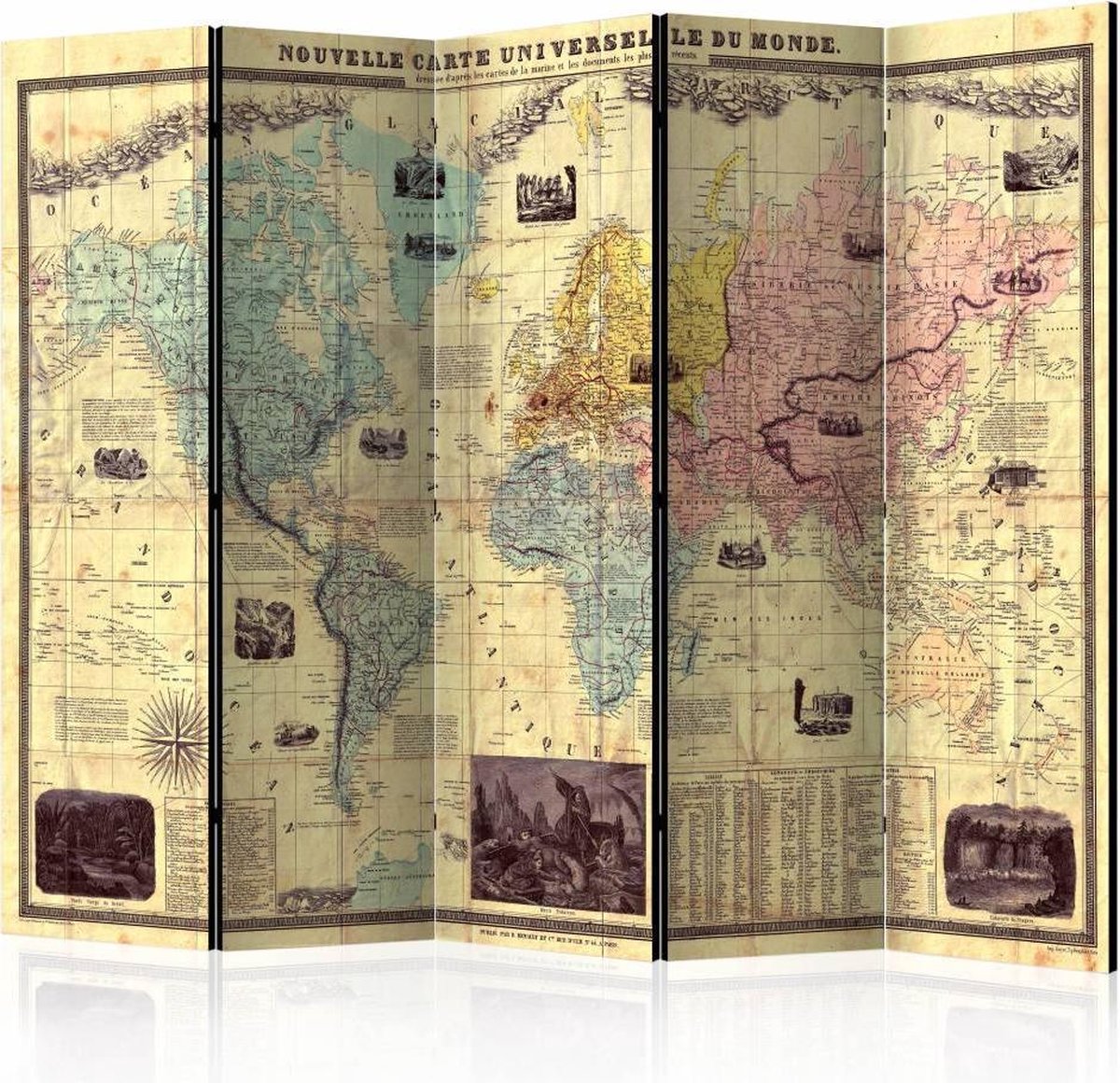 Vouwscherm - Wereldkaart 225x172cm , gemonteerd geleverd, dubbelzijdig geprint (kamerscherm)