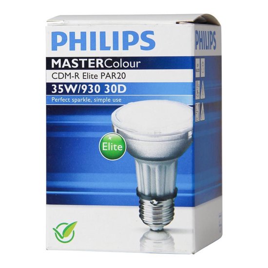 Verpakking van Philips MASTERColour CDM-R Elite PAR20 lamp. Toont een illustratie van de lamp.