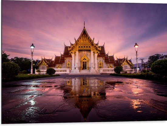 Dibond - Boeddhistische Wat Benchamabophit Tempel met Gouden Details in Bangkok, Thailand - 80x60 cm Foto op Aluminium (Met Ophangsysteem)