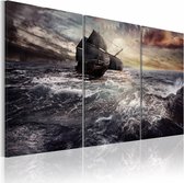 Schilderij - Schip in zware Storm II, 3luik , zwart wit , wanddecoratie , premium print op canvas