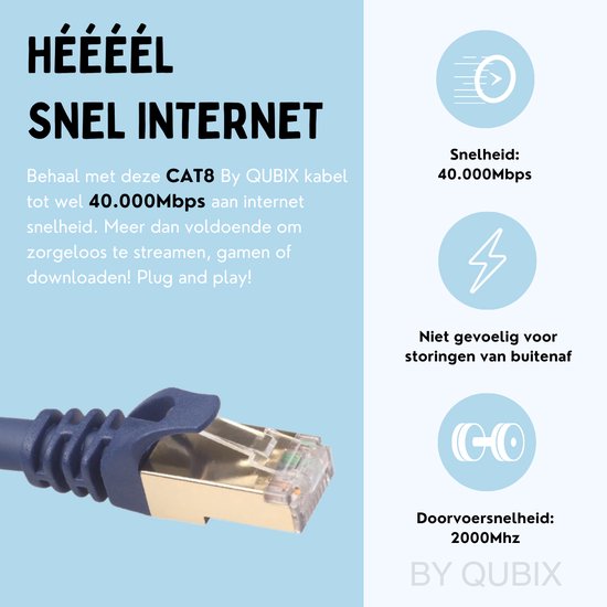 Un câble CAT8 bleu foncé avec un connecteur RJ45 plaqué or. "INTERNET TRÈS TRÈS RAPIDE" est le titre. Des icônes montrent la vitesse et la résistance aux interférences.