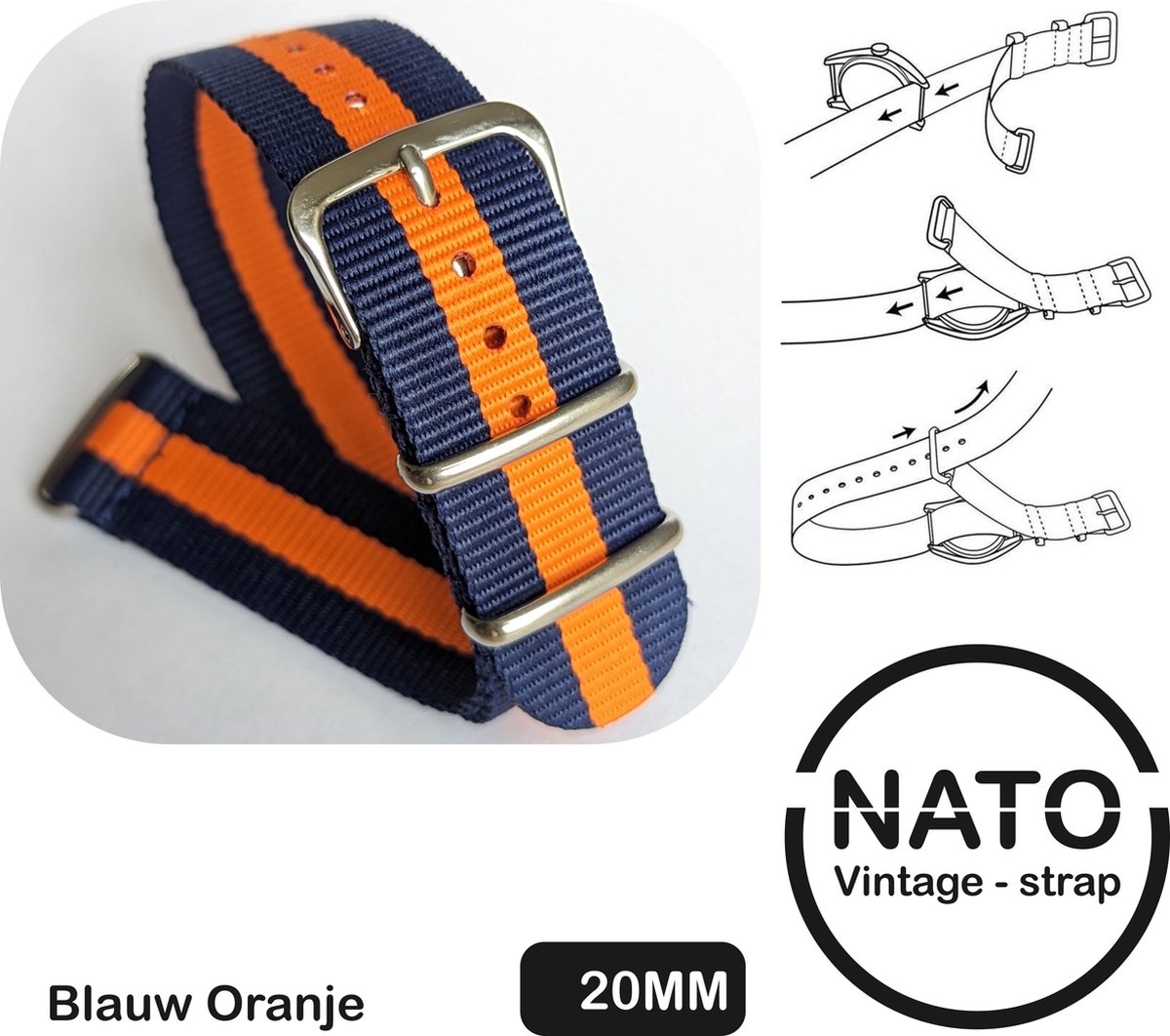 20mm Nato Strap Blauw Oranje streep - Vintage James Bond - Nato Strap collectie - Mannen - Horlogebanden - Blue Orange - 20 mm bandbreedte voor oa. Seiko Rolex Omega Casio en Citizen