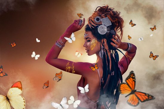 Woman with Butterflies - 90cm x 60cm - Fotokunst op PlexiglasⓇ incl. certificaat & garantie.