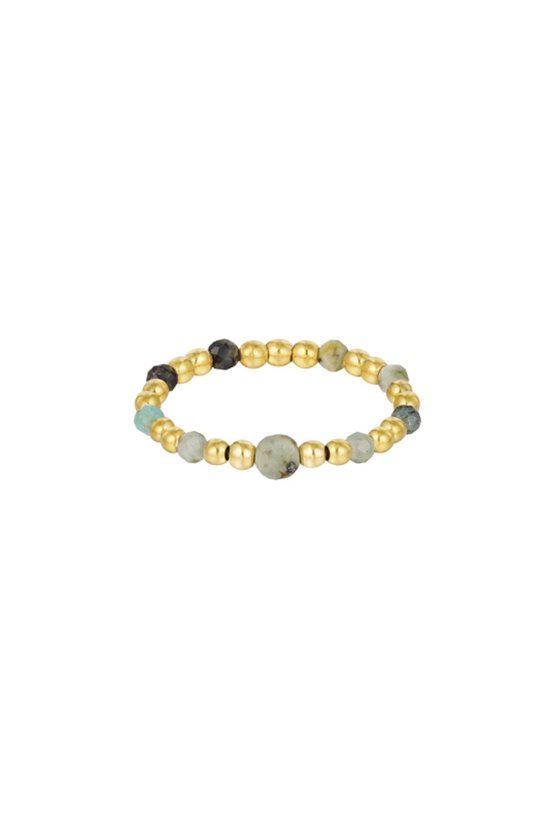 Elastieken Ring met Drie Groene Natuurstenen Steentjes - One size | YEHWANG - Dames ring - Stainless Steel - Waterproof - Gouden ringen - Moederdag - Valentijn - Cadeau voor dames - Cadeau - Tiener ring