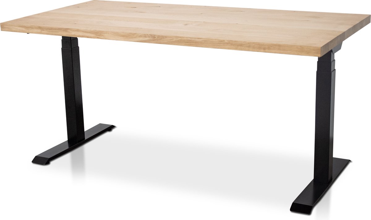 Multi Ratio Zit-sta bureau met massief eiken blad 160 x 80 cm - MRC PRO NEN-EN 527 - elektrisch verstelbaar - frame zwart - 130 cm hoog - 150KG draagvermogen