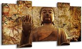 GroepArt - Schilderij - Boeddha - Bruin, Grijs - 120x65 5Luik - Foto Op Canvas - GroepArt 6000+ Schilderijen 0p Canvas Art Collectie - Wanddecoratie