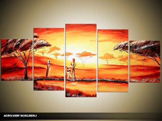 Schilderij -  Afrika - Oranje, Rood - 150x70cm 5Luik - GroepArt - Handgeschilderd Schilderij - Canvas Schilderij - Wanddecoratie - Woonkamer - Slaapkamer - Geschilderd Door Onze Kunstenaars 2000+Collectie Maatwerk Mogelijk
