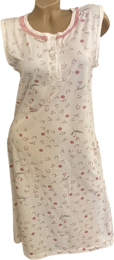 Dames nachthemd mouwloos 6998 bloemenprint M wit/roze