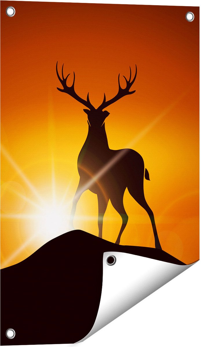 Gards Tuinposter Hert op een Berg - Abstract - Silhouet - 40x60 cm - Tuindoek - Tuindecoratie - Wanddecoratie buiten - Tuinschilderij Multikleur