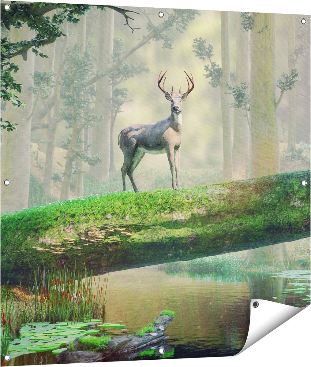 Gards Tuinposter Hert in het Bos op een Boom - 100x100 cm - Tuindoek - Tuindecoratie - Wanddecoratie buiten - Tuinschilderij Multikleur